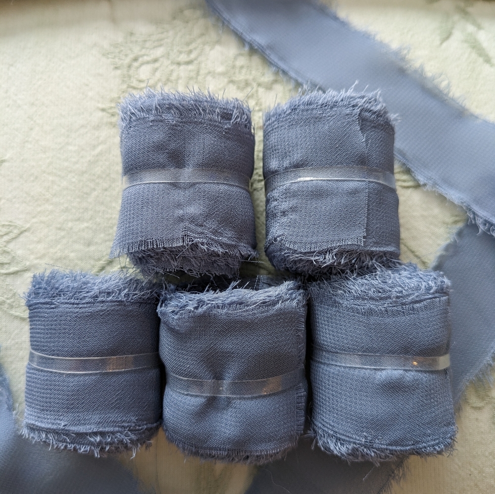 Handmade fringe silk chiffon ribbon - Dusty Blue